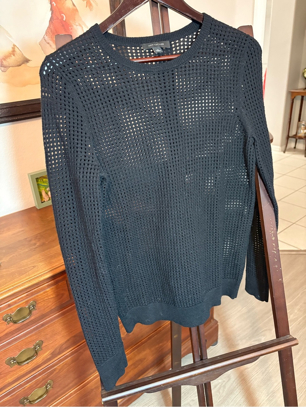 Ann Taylor Black Open-Knit Crewneck Sweater